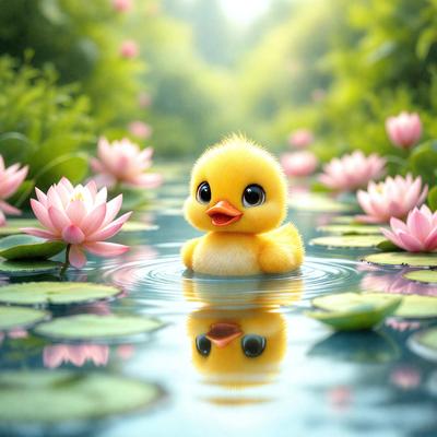 The primary subject of the image is a yellow rubber duck floating in a pond. The setting is a serene environment with a pond surrounded by lily pads and flowers. The visual style is a digital art illustration, creating a whimsical and playful atmosphere. The dominant colors are yellow, pink, and green, with the yellow rubber duck being the focal point of the scene.